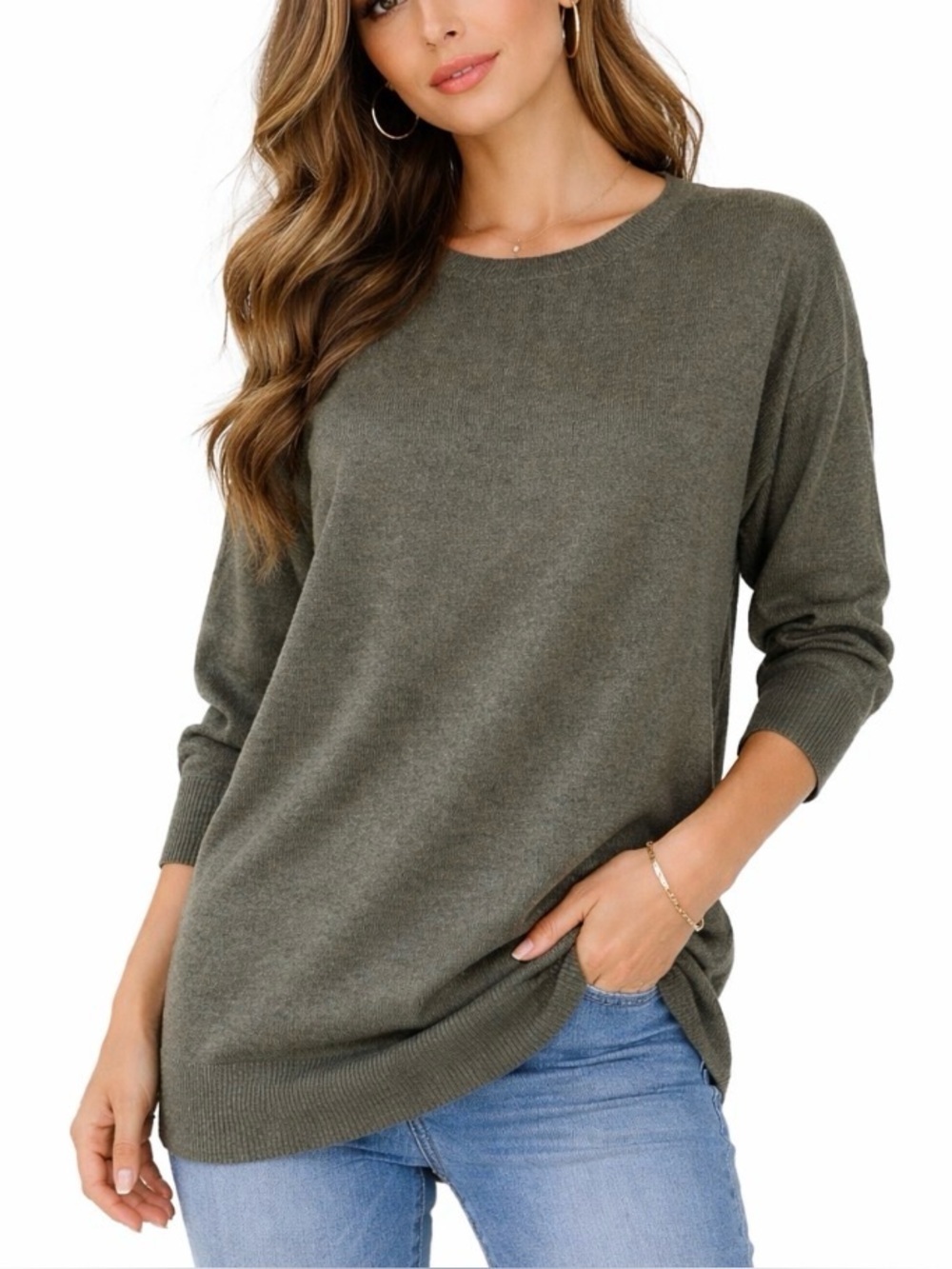 Leith sweater olive green 3/4 sleeve knit loose fit boxy cotton wool blend SZ SM